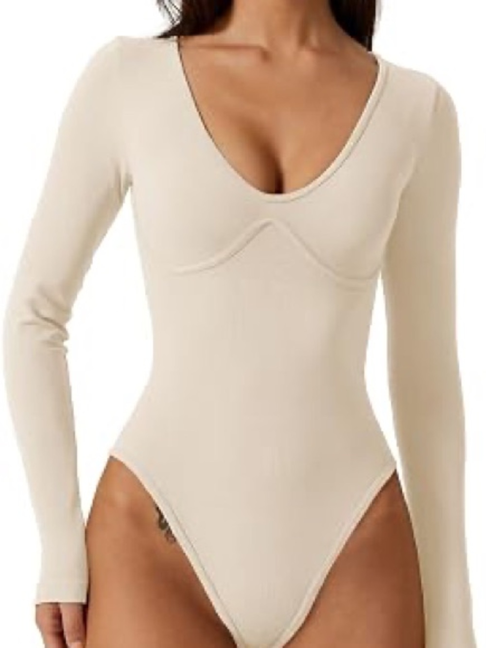 QINSEN Women's Long Sleeve Bodysuit V Neck Body Suits Seamed Cup Going Out Top
